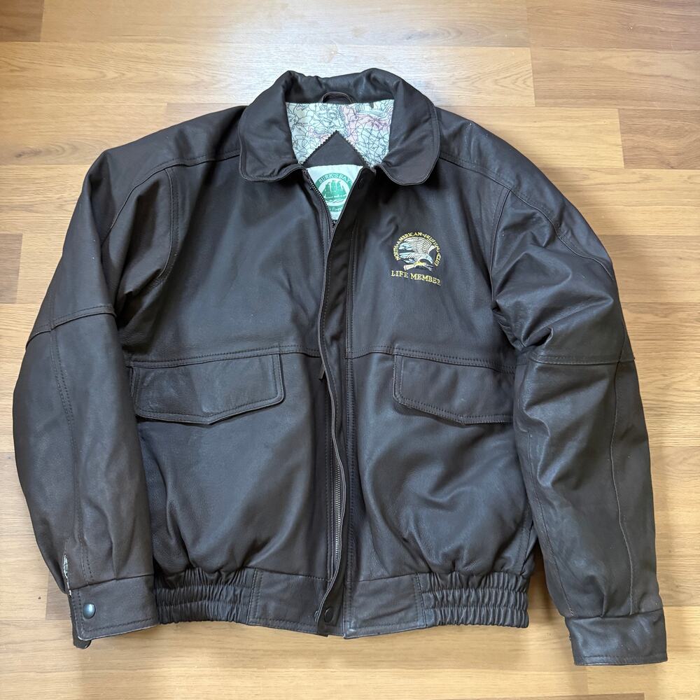 Men's North American Hunting Club Brown Leather Flight Bomber Jacket Sz Large